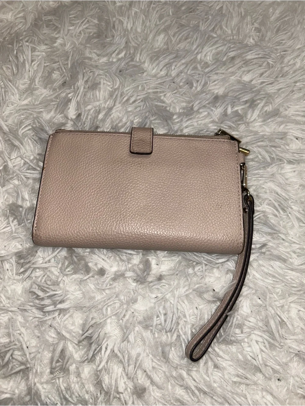 Michael Kors pebbled leather wristlet wallet pinkish tan with gold-tone hardware